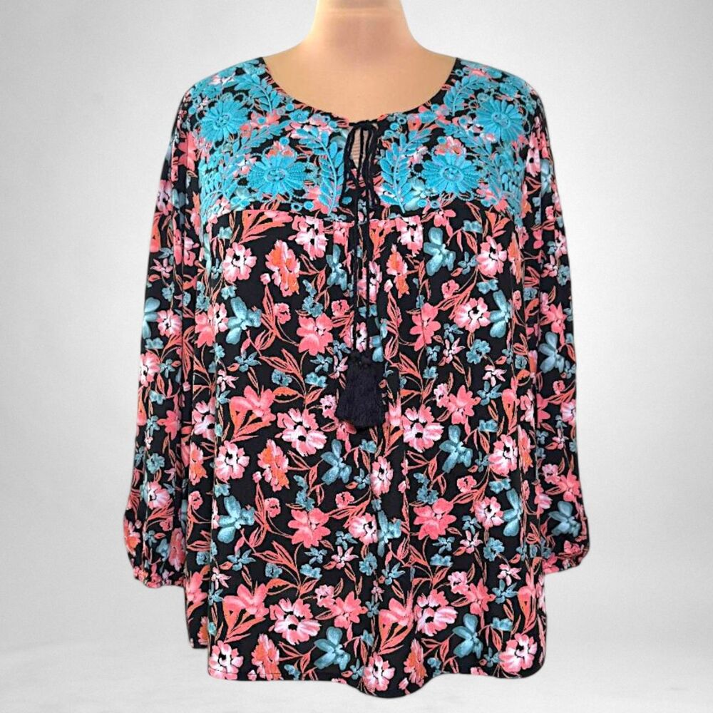 SAVANNA JANE Turquoise Coral Embroidery Boho Blouse, NEW! Size 2X